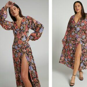 SHOWPO Henny Midi Dress - Long Sleeve Split Dress in Dusk Floral - Size 8